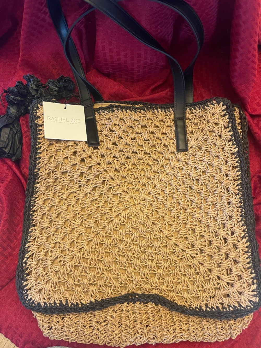 Rachel Zoe Tan Woven Tote Bag with Black Trim NWT - Picture 2 of 3
